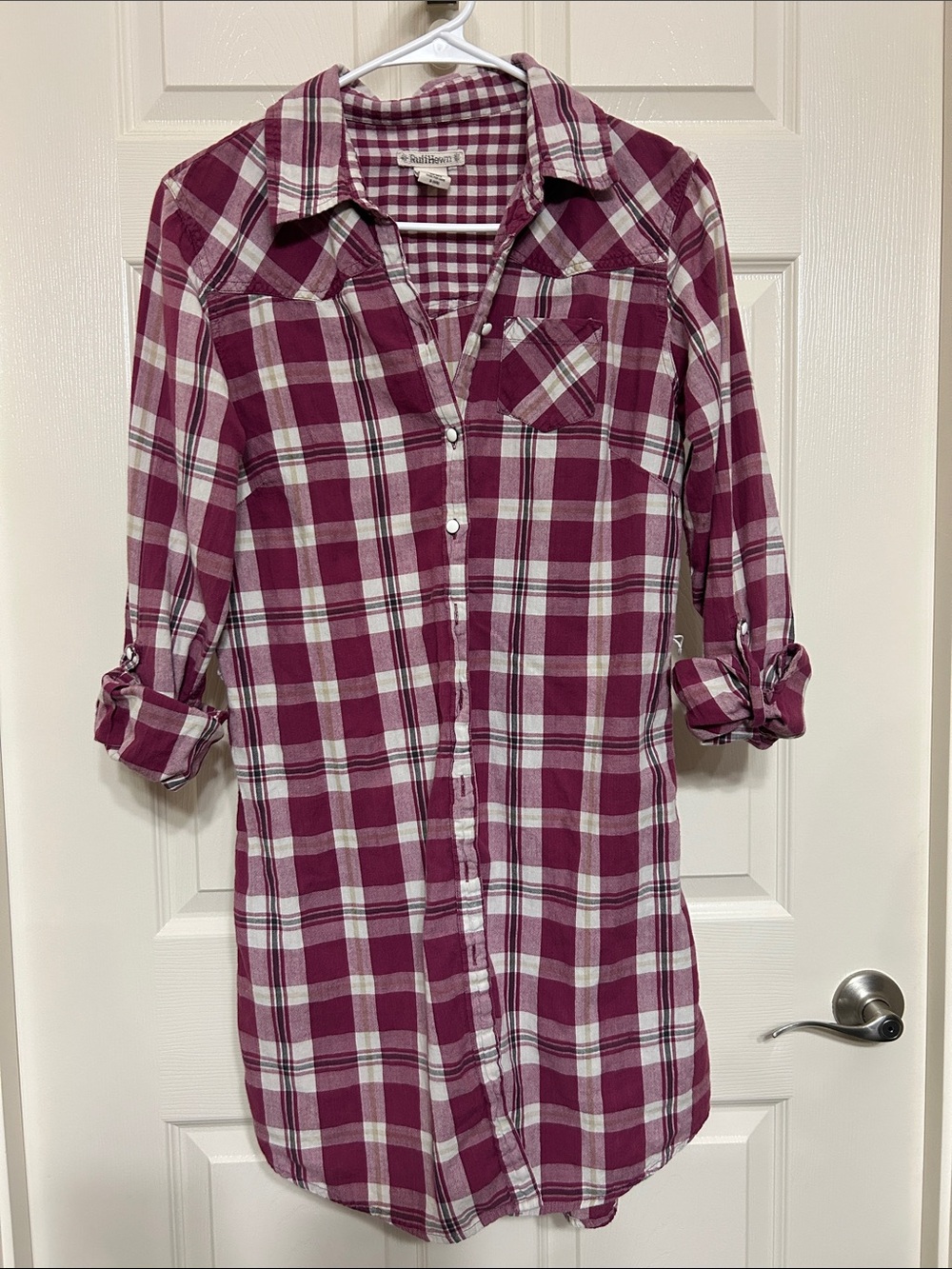 Ruff Hewn Cotton Raspberry Purple and White Plaid Button-Down Tunic Mini-Dress